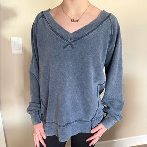 Aerie Denim Blue V-Neck Lightweight Sweatshirt Top